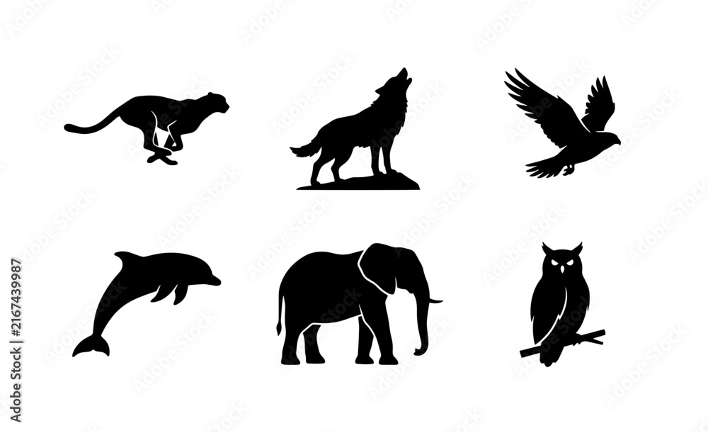 Obraz premium 70 Diverse Wildlife Silhouettes: Cheetah, Wolf, Eagle, Dolphin, Elephant, Owl Vector Icons for Nature and Animal Themes 100