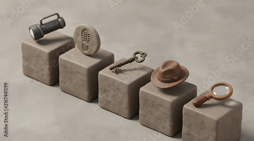 Vintage detective objects on stone blocks in minimalist arrangement