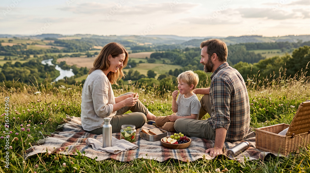 Obraz premium Happy family having a picnic on a scenic hillside overlooking a lush green valley landscape
