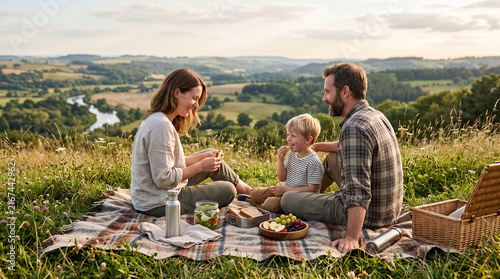 Happy family having a picnic on a scenic hillside overlooking a lush green valley landscape