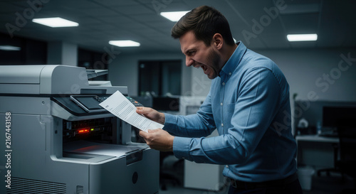 A frustrated professional man in a modern office angrily retrieves a poorly printed document from a malfunctioning large-format printer, showcasing intense workplace stress and technical failure in.