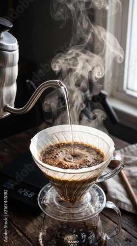 Pouring hot water from kettle onto ground coffee in dripper with rising steam during pour over brew