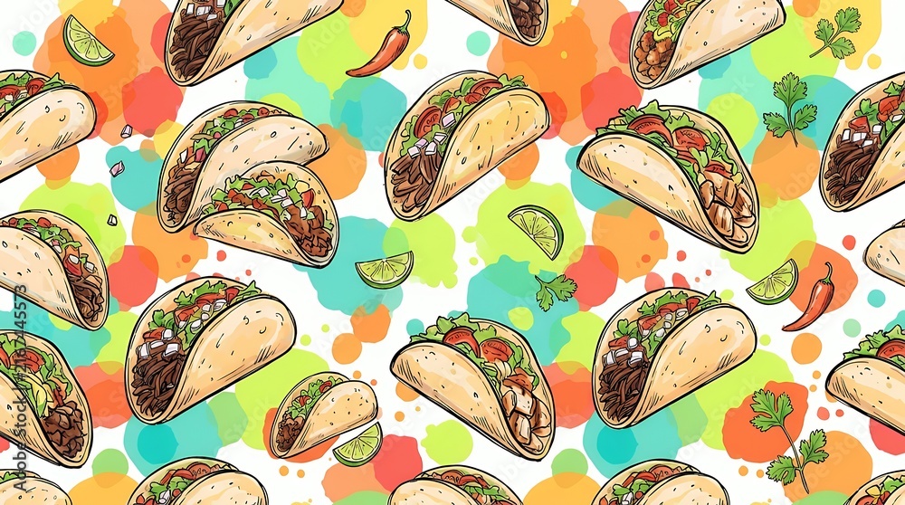 Seamless Pattern Illustration of Hand Drawn Tacos with Colorful Abstract Background Spots for Food Branding and Packaging Design tacos sketch pattern hand drawn food Mexican dish snack seamless