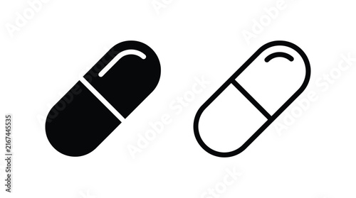 Simple black and white capsule pill icons for medical and pharmaceutical design.