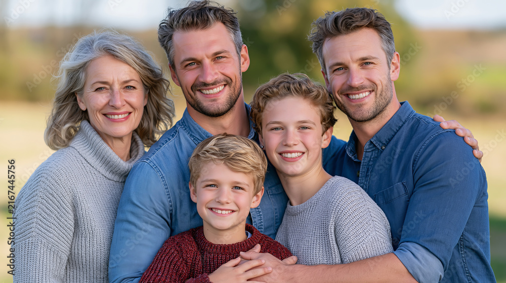 Obraz premium Happy family of five smiling together outdoors in a natural park setting with green grass and trees.