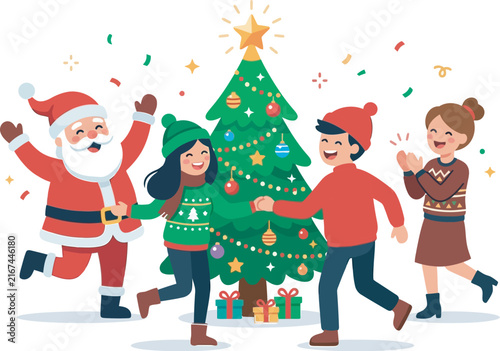 Festive group celebrates near decorated christmas tree vector silhouette