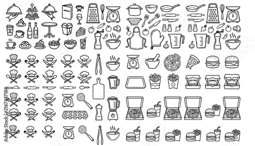 Kitchen utensils and fast food line icons set for restaurant menu design.