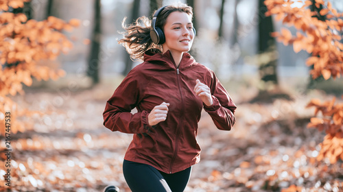 Young woman running in an autumn park, wearing headphones, engaged in exercise and maintaining a healthy lifestyle