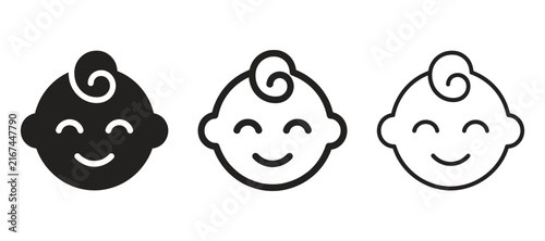 Set of baby head icons, happy smiling infant faces, newborn silhouette, line art and outline vector symbols