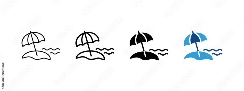 Fototapeta premium Beach umbrella icon. Summer vacation and seaside sign. Coastal relaxation and tourism symbol. Thin beach pictogram. Blue summer destination illustration for travel and holidays.