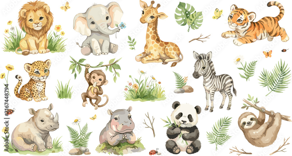 Naklejka premium Watercolor Safari Animals Clipart Vector Set with Cute Baby Lion Elephant Giraffe Tiger Zebra Panda Sloth and Tropical Jungle Leaves for Kids Birthday Invitations and Nursery Wall Art Designs