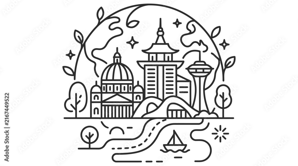 Obraz premium global landmarks city skylines travel illustration line art showcases iconic world destinations and nature perfect for global tourism designs.