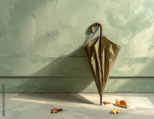 Parapluie posé contre un mur de couleur sauge, quelques feuilles mortes par terre, automne