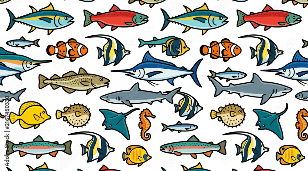 Obraz premium a seamless pattern of diverse colorful cartoon fish species swimming