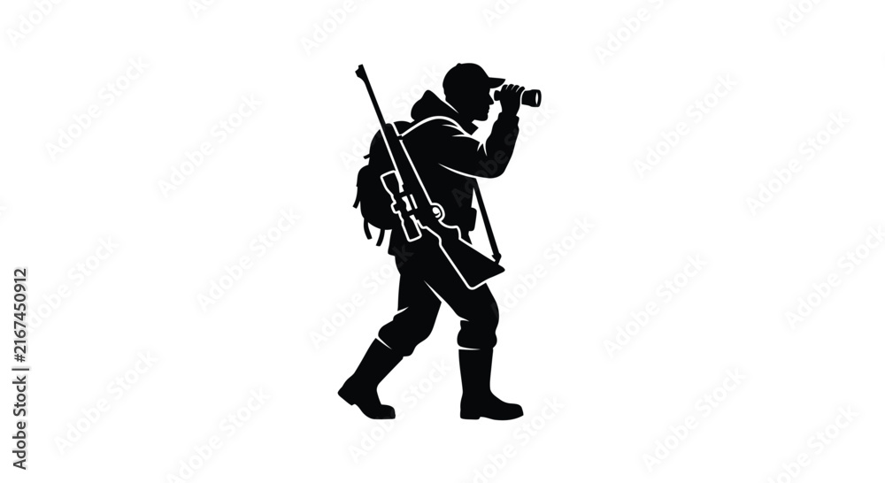 Fototapeta premium Hunter with rifle and backpack black silhouette hunting marksman sniper