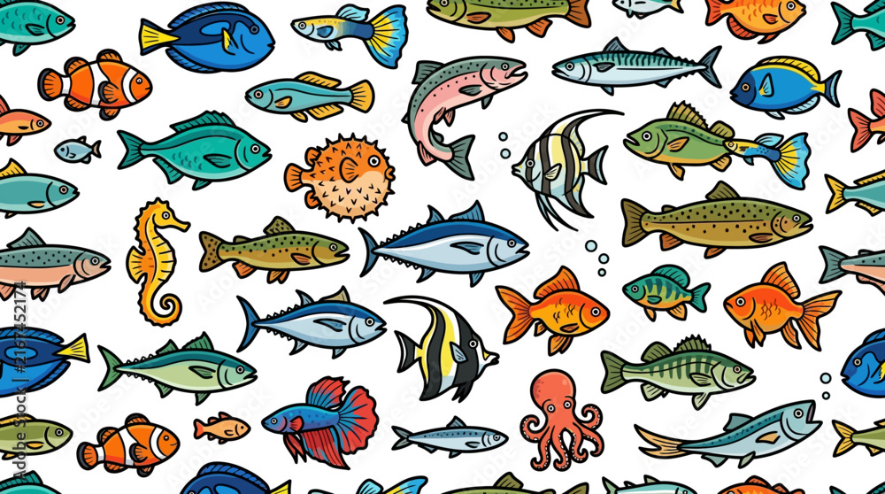 Obraz premium vibrant seamless pattern of diverse cartoon fish and marine animals perfect for aquatic backgrounds kids designs and ocean-themed decor.