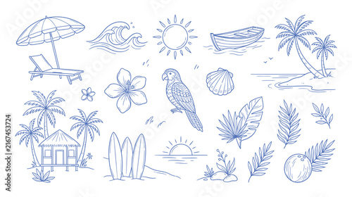 Hand drawn doodle beach and surf vector illustration set. Tropical coastal elements like palm trees, waves, surfboards, and sun perfect for summer designs, t-shirts, posters