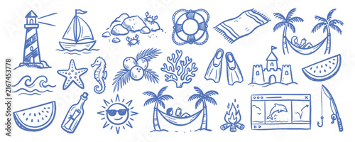 Hand drawn doodle beach and surf vector illustration set. Tropical coastal elements like palm trees, waves, surfboards, and sun perfect for summer designs, t-shirts, posters