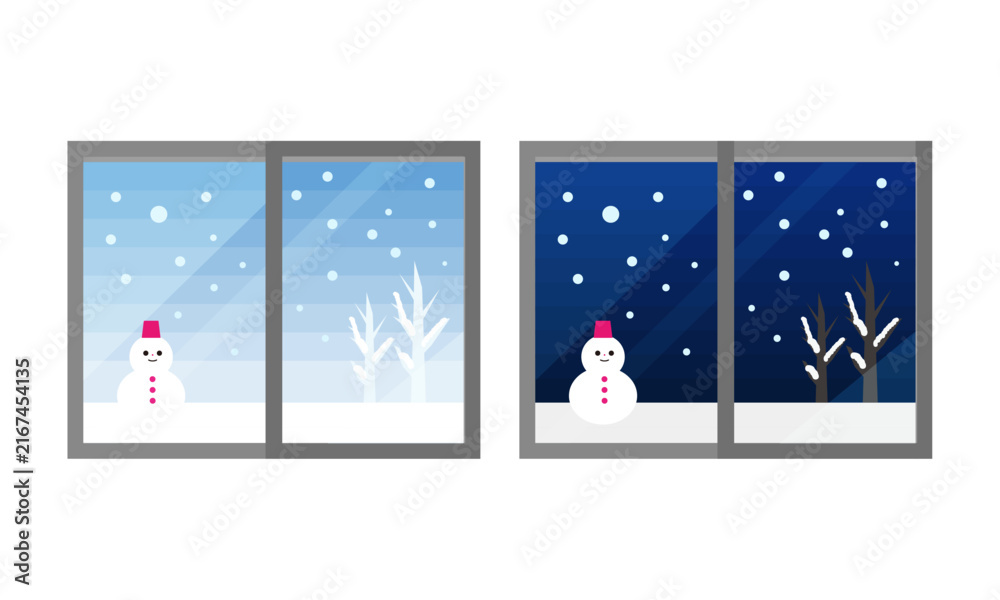 Fototapeta premium This is an illustration of a snowman and a winter window scene.