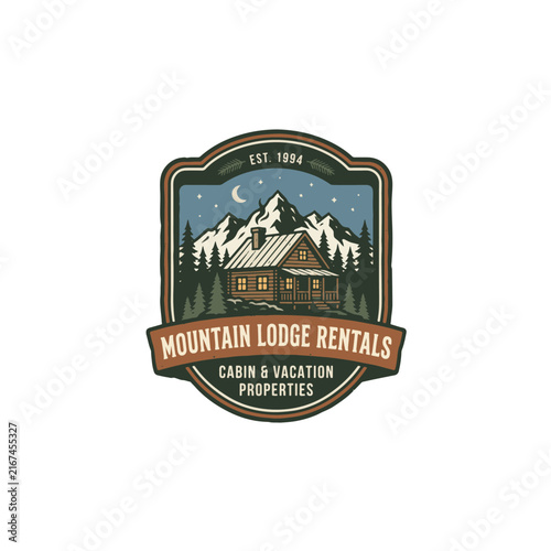 Rustic Mountain Lodge Rentals Emblem Logo Design, Suitable for Cabin Vacation Properties, Real Estate Agency, Resort Branding, and Travel Gear