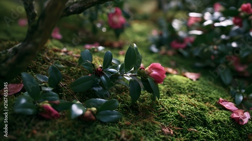 Pink camellia flowers rest on lush green moss with soft natural lighting and blurred background foliage
