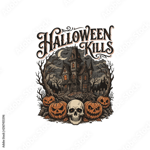 Vintage Halloween Kills Haunted Mansion Skull & Pumpkins Logo Design, Suitable for Rock/Metal Band Merch, Horror Apparel, T-Shirt Print, and Event Posters