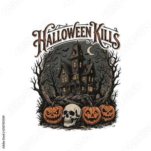 Detailed Vintage Halloween Kills Haunted House & Skull Artwork Logo Design, Suitable for Apparel Print, Horror Merchandise, Halloween Posters, and Brand Badges
