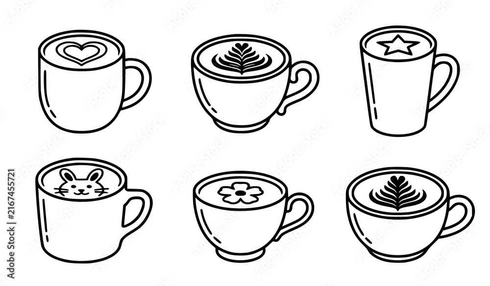 Obraz premium Coffee Cup and Latte Art Line Art Vector Icon Set Featuring Espresso Mugs, Heart Patterns, Flower Foams, Cappuccino Designs, and Cafe Menu Illustrations