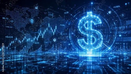 Finance Background for economy concept with Digital Dollar Currency Symbol, Trading Chart and World Map