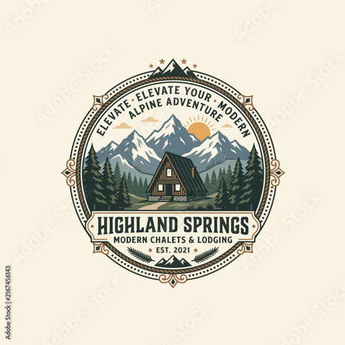 Circular Highland Springs Alpine Adventure Chalet Logo Design, Suitable for Modern Chalets, Mountain Lodging, Ski Resort, and Real Estate