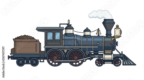 Vintage Steam Locomotive Vector Illustration Isolated on White Background, Classic Railway Engine and Antique Steam Train for Transportation, Travel, Railroad and Retro Concepts