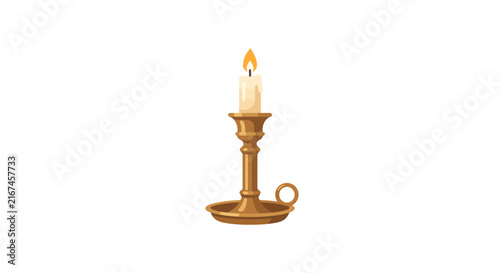 Vintage brass candlestick holder with glowing lit white candle flame antique decorative lighting illustration