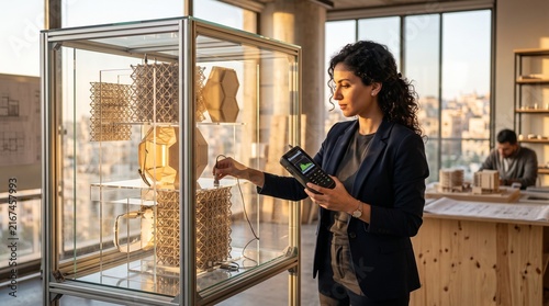 Female engineer testing acoustic properties of 3D printed materials