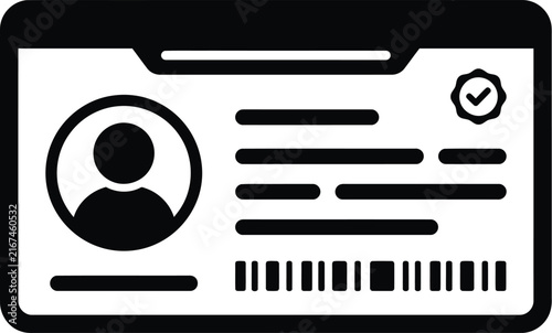 Black identification card icon with profile photo barcode and verification badge