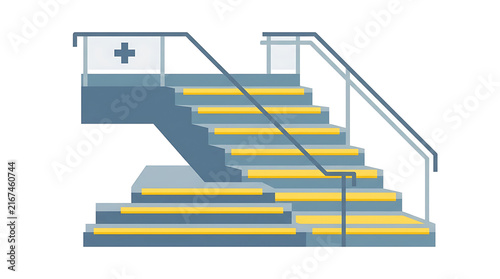 Modern Hospital Staircase with Safety Features and Medical Symbol