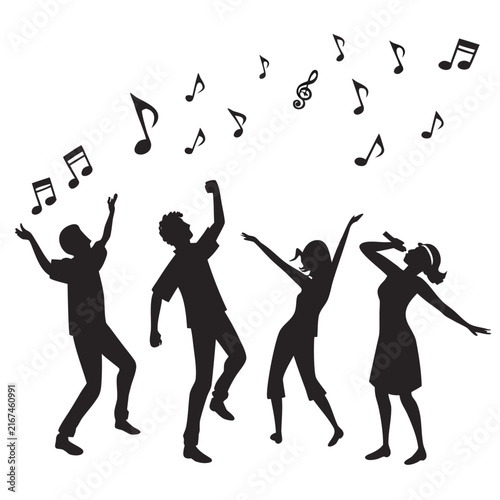 Silhouettes of four young adults dancing and singing, with musical notes floating above them, celebrating a fun party or event.