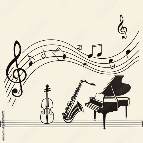 Canvas Print Musical instruments and notes on staff vector background with piano saxophone violin and treble clef for jazz concert classical music festival and education creative