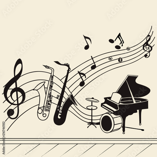 Bild auf Leinwand Grand ensemble of musical instruments with flowing notes on a stave creating an energetic backdrop for jazz or classical performances