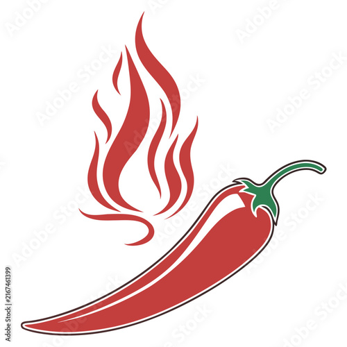 Chili pepper vector graphic illustration featuring red organic vegetable with green stem and abstract fire flames design isolated on white background for culinary branding.