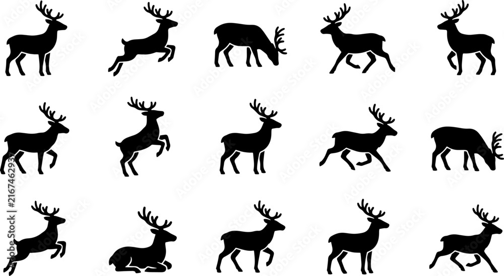 Obraz premium Reindeer silhouette icons in various poses on a transparent background vector.