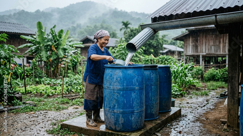 Sustainable Rainwater Harvesting by Smiling Senior Woman in Rural Asian Village