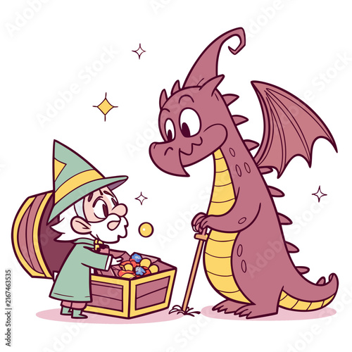 Wise old wizard with a long white beard and green hat, opening a treasure chest full of gems, cute purple dragon leaning on a magical staff.