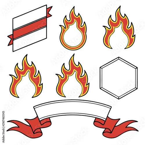 Assortment of fiery banners, ribbons, and frames including hexagonal, circular, and unique shapes for dynamic design projects.