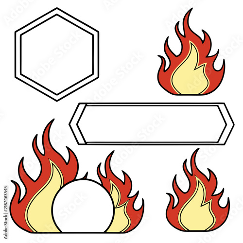 Assortment of design elements including a hexagonal frame, horizontal banner, and four unique fiery flame borders for text or logos.