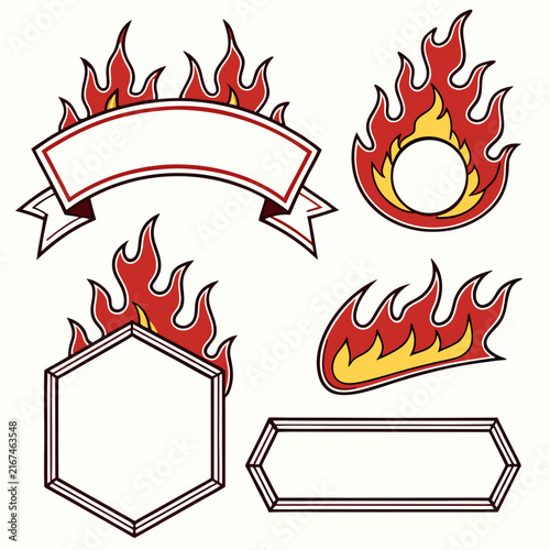 Fiery frames, banners, and ribbons in diverse shapes like hexagonal, circular, and rectangular for decorative and graphic design purposes.