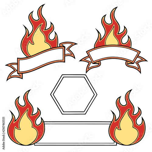 Fiery vector design elements featuring burning flame motifs combined with empty ribbon banners and hexagon shape for versatile custom branding and sports label templates.