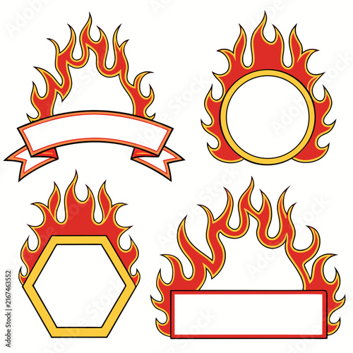 Vector set of flaming fire frames and blank banner designs for custom branding projects and creative label creation featuring bold orange and red flame graphic elements.
