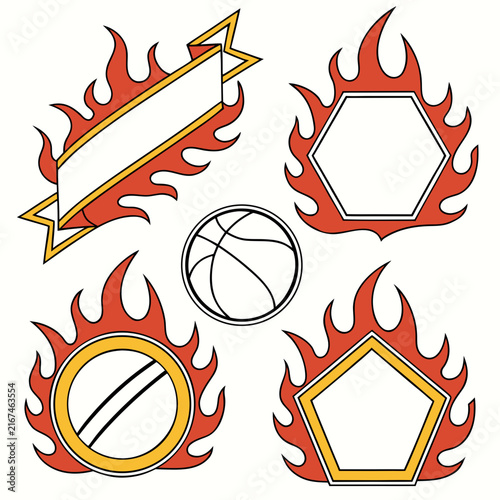 Collection of hot fire flame graphic elements including burning banners plus geometric frames and basketball icon for dynamic sports branding and team logo design needs.