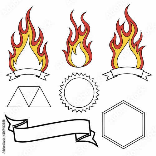 Assorted fire elements including flames, banners, ribbons, and geometric frames like hexagons and circles for graphic design needs.