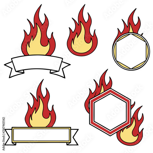 Assorted vector graphic elements featuring stylized flame and fire designs with blank banners plus geometric hexagon frames isolated on clean white for custom label art.